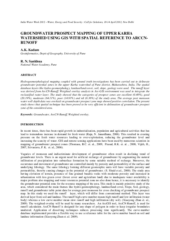 Groundwater Prospect Mapping of Upper Karha Watershed Using GIS With Spatial Reference to ArcCN-Runoff