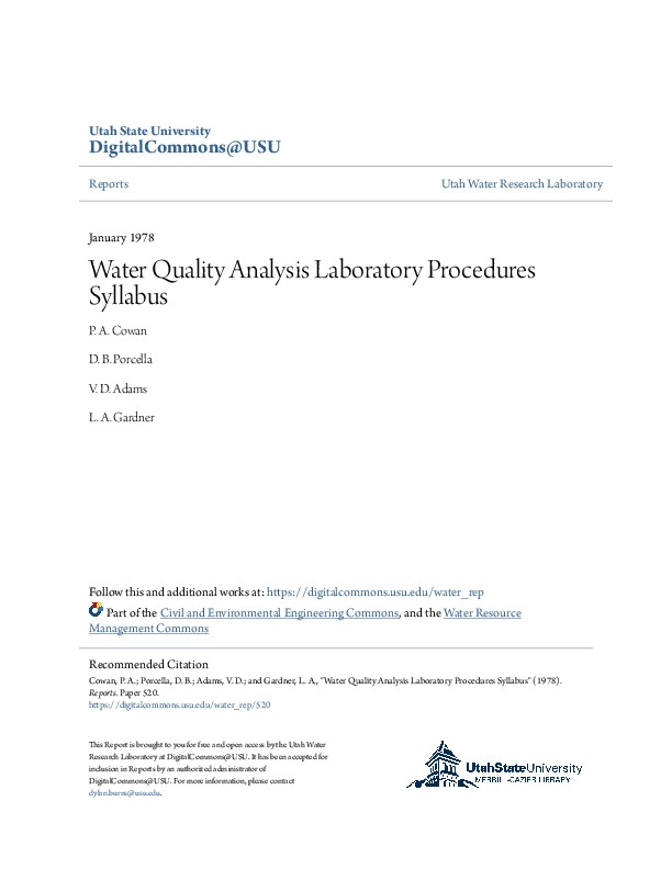 Water Quality Analysis Laboratory Procedures Syllabus, 1978, USU