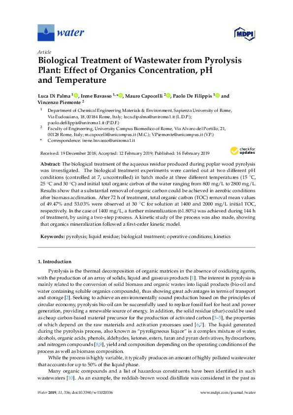 Biological Treatment of Wastewater from Pyrolysis Plant Effect of Organics Concentration, Temp & pH