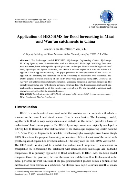 Application of HEC-HMS for flood forecasting in Misai  and Wan’an catchments in China 