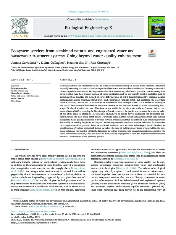 Ecosystem Services from Combined Natural and Engineered Water and Wastewater Treatment Systems