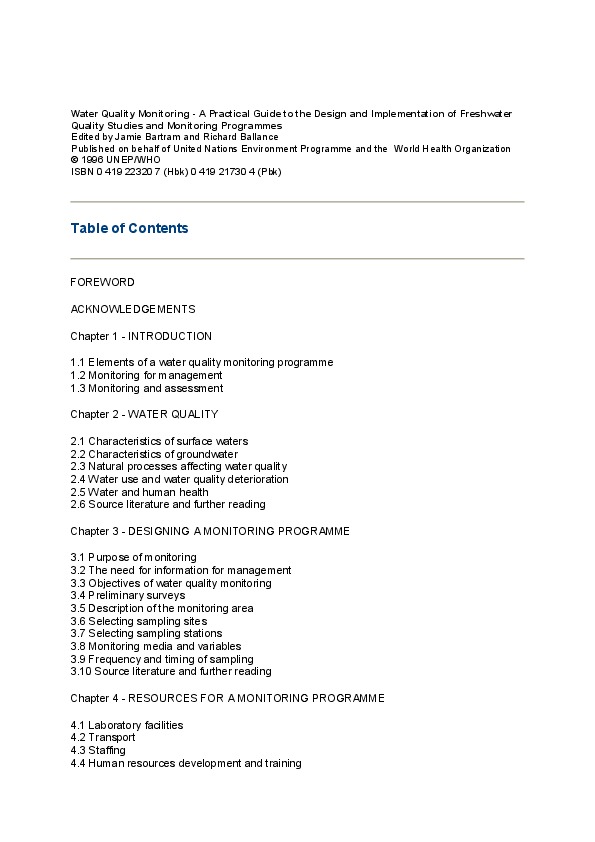 Water Quality Monitoring, 1996, WHO