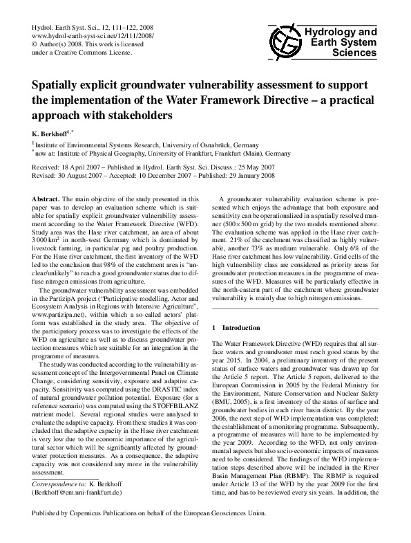 Spatially explicit groundwater vulnerability assessment to support the implementation of the Water Framework Directive – a practical approach with stakeholders