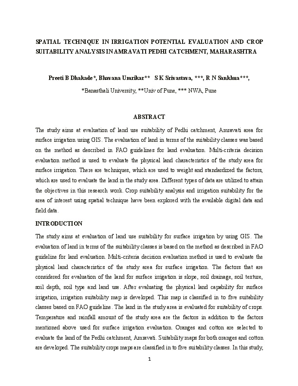 SPATIAL TECHNIQUE IN IRRIGATION POTENTIAL EVALUATION AND CROP SUITABILITY ANALYSIS IN AMRAVATI PEDHI CATCHMENT, MAHARASHTRA