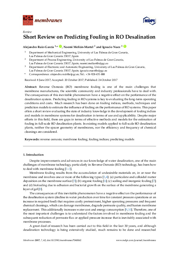 Short Review on Predicting Fouling in RO Desalination