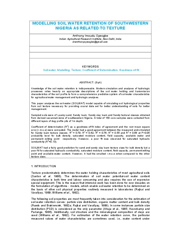 MODELLING SOIL WATER RETENTION OF SOUTHWESTERN NIGERIA AS RELATED TO TEXTURE