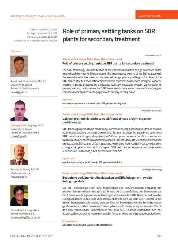 Role of Primary Settling Tanks on SBR Plants for Secondary Treatment