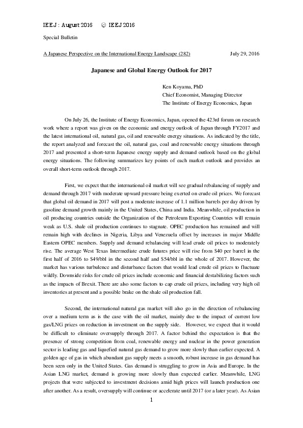 Japanese and Global Energy Outlook 2017, Published AUG 2016