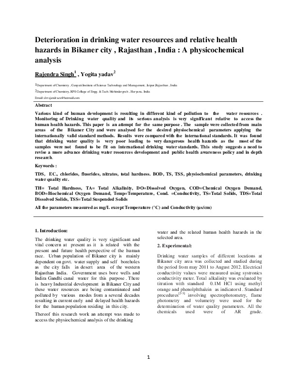 Deterioration in drinking water resources and relative health hazards in Bikaner city , Rajasthan , India : A physicochemical analysis