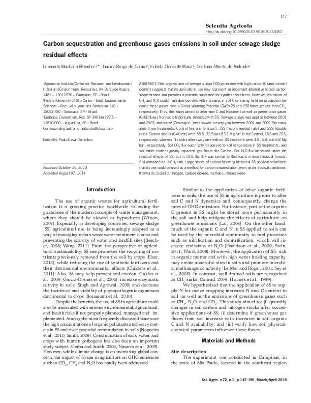 Carbon sequestration and greenhouse gases emissions in soil under sewage sludge residual effects