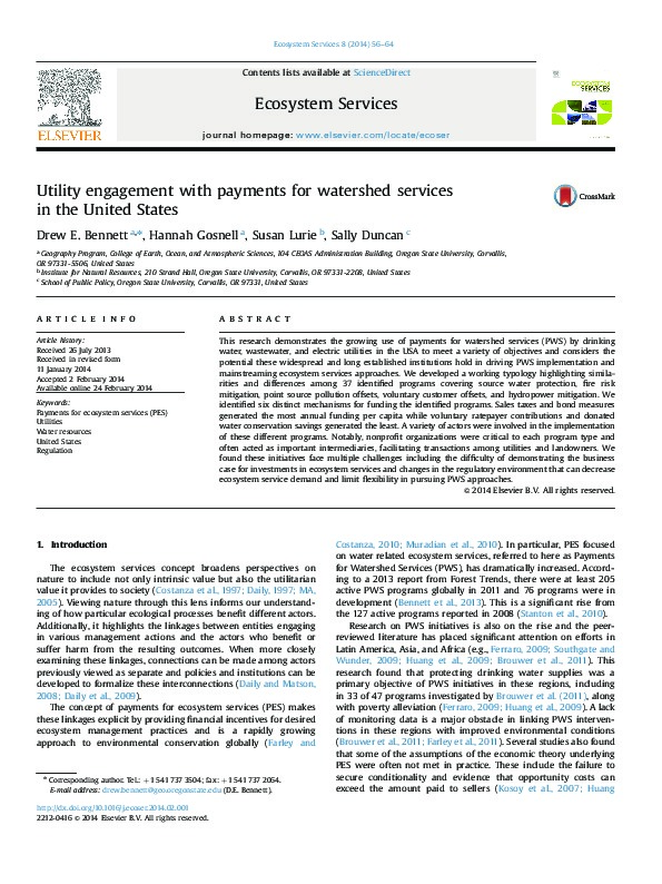 Utility engagement with payments for watershed services in the United States