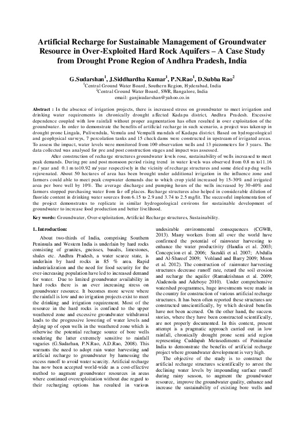 Artificial Recharge for Sustainable Management of Groundwater Resource in Over-Exploited Hard Rock Aquifers – A Case Study from Drought Prone Region of Andhra Pradesh, India