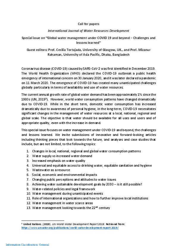 Call for papersInternational Journal of Water Resources DevelopmentSpecial issue on &ldquo;Global water management under COVID 19 and beyond &ndash; Cha...