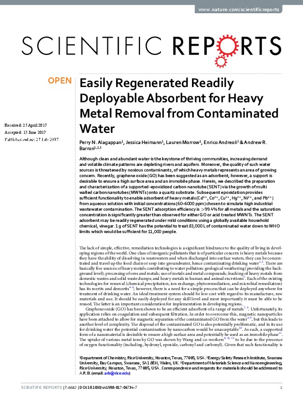 Easily Regenerated Readily Deployable Absorbent for Heavy Metal Removal from Contaminated Water