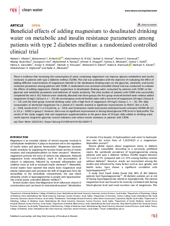 Magnesium addition to desalinated water helps abate Diabetes 2