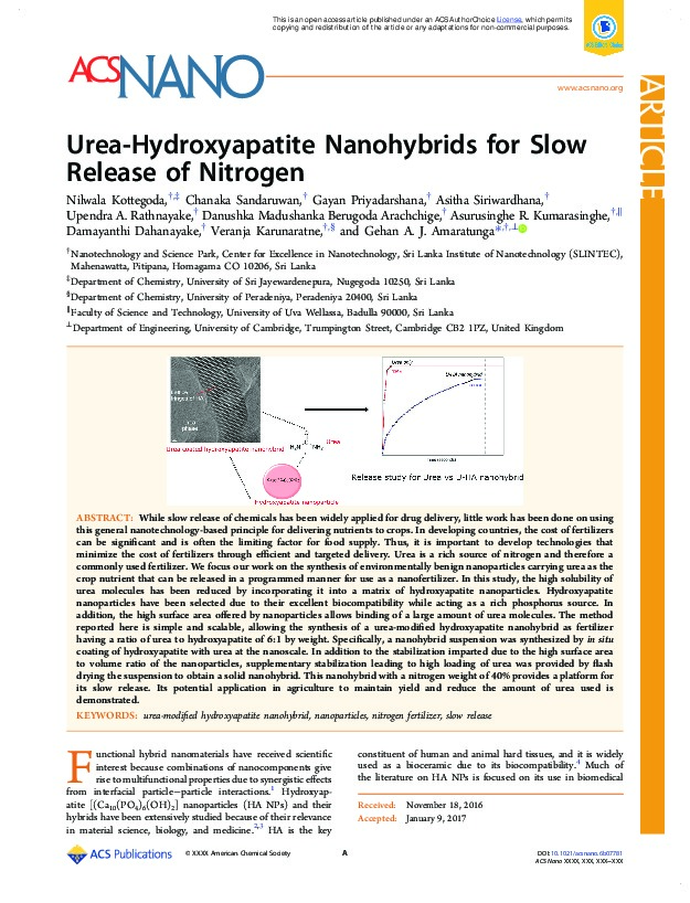 Urea-Hydroxyapatite Nanohybrids for Slow Release of Nitrogen