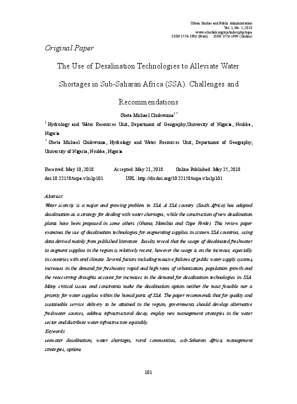 The Use of Desalination Technologies to Alleviate Water Shortages in Sub-Saharan Africa