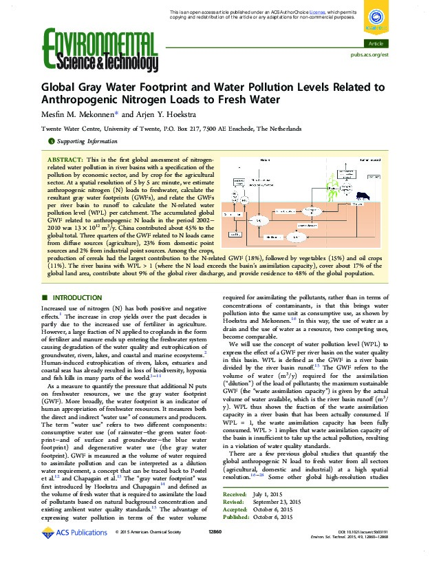 Global Gray Water Footprint & Water Pollution Related to Anthropogenic Nitrogen Loads to Fresh Water