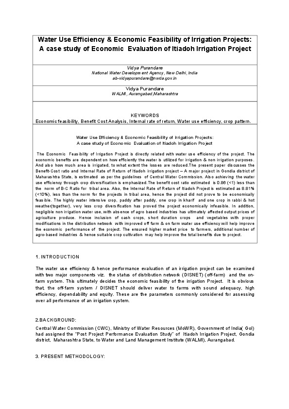 Water Use Efficiency & Economic Feasibility of Irrigation Projects: A case study of Economic Evaluation of Itiadoh Irrigation Project