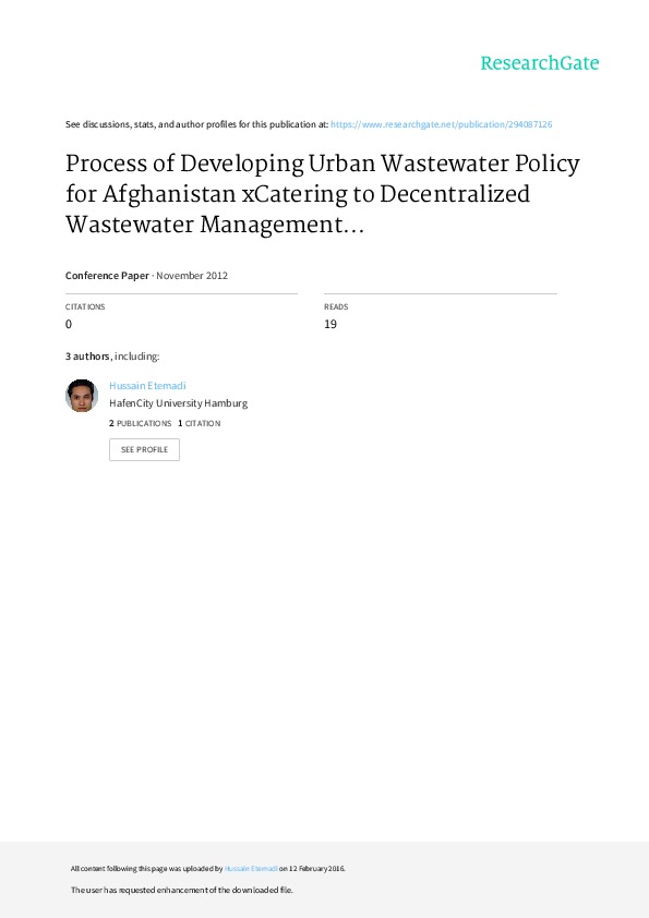 Process of Developing Urban WW Policy for Afghanistan xCatering to Decentralized WWdec Management...