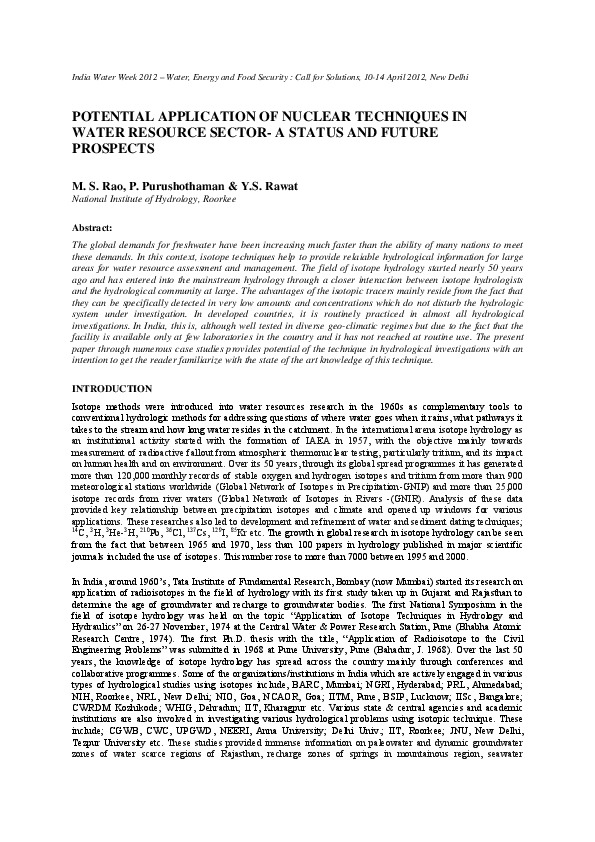 Potential Application of Nuclear Techniques in Water Resource Sector - A Status and Future Prospects