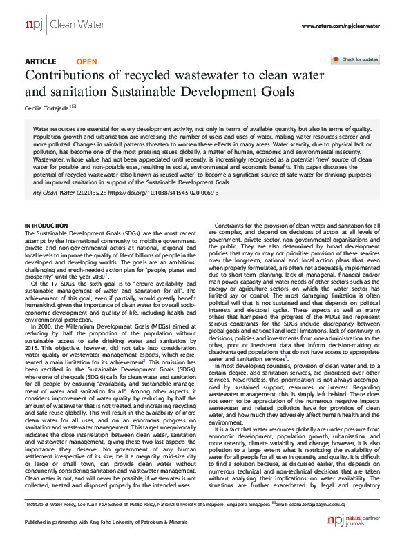 Contributions of Recycled Wastewater to Clean Water and Sanitation Sustainable Development Goals