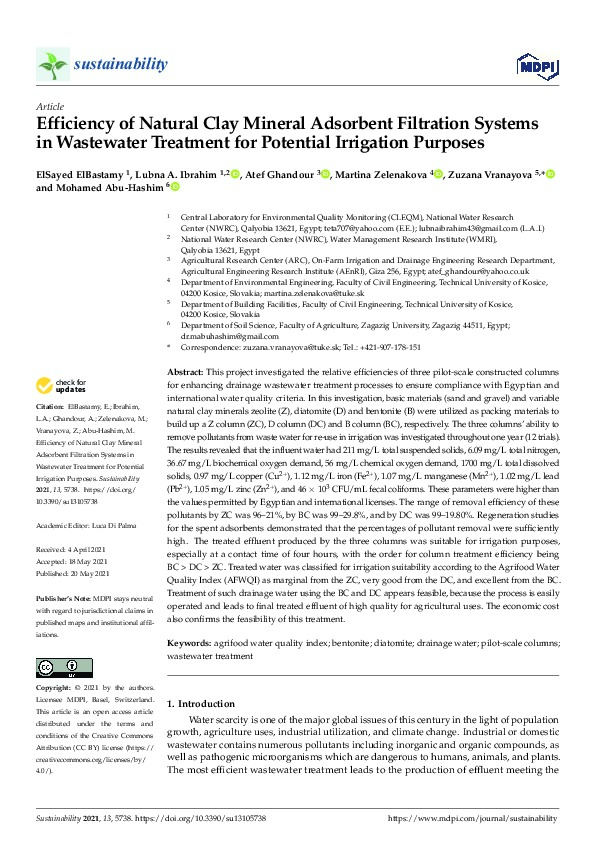 My last paper:Efficiency of Natural Clay Mineral Adsorbent Filtration Systems in Wastewater Treatment for Potential Irrigation Purposes. See ful...