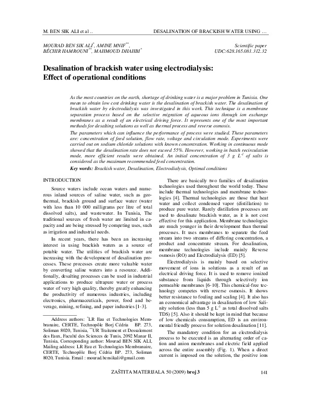 Desalination of Brackish Water Using Electrodialysis: Effect of Operational Conditions
