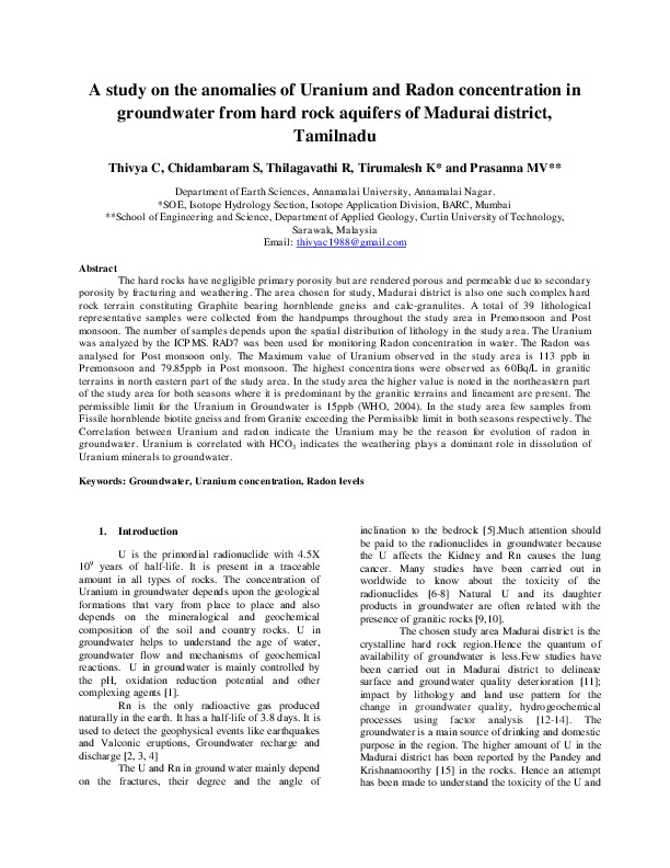 A study on the anomalies of Uranium and Radon concentration in groundwater from hard rock aquifers of Madurai district, Tamilnadu