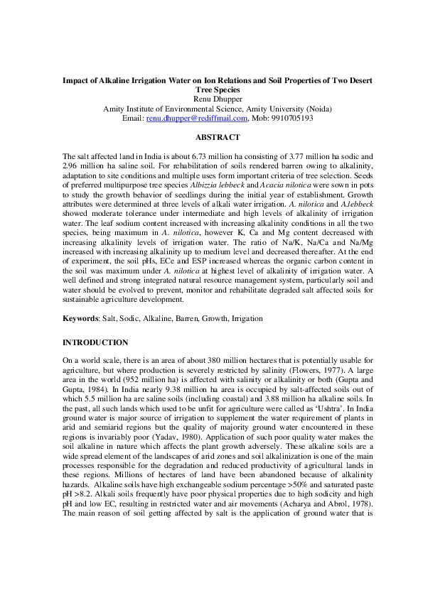 Impact of Alkaline Irrigation Water on Ion Relations and Soil Properties of Two Desert Tree Species