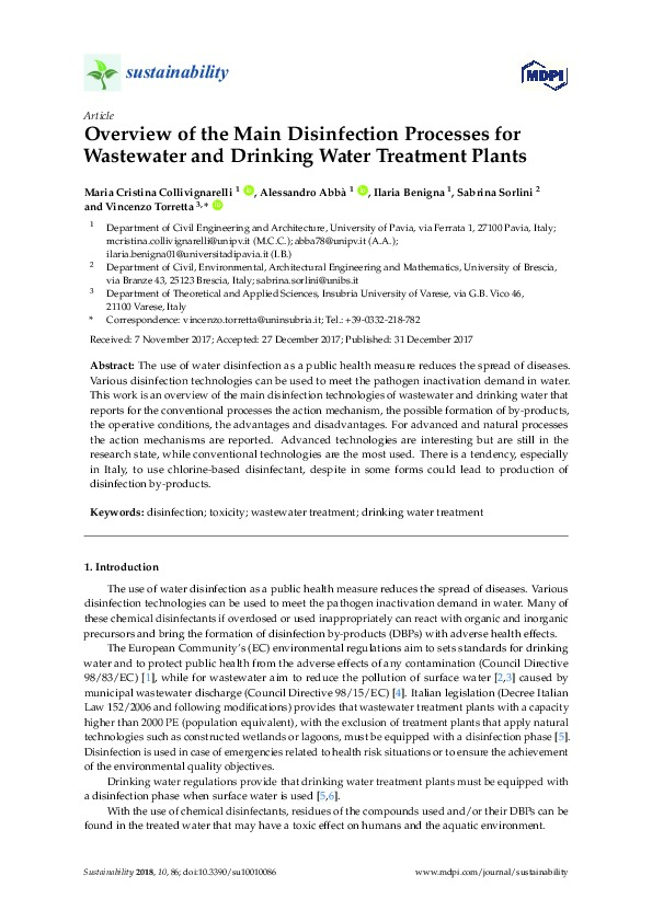 Overview of the Main Disinfection Processes for Wastewater and Drinking Water Treatment Plants