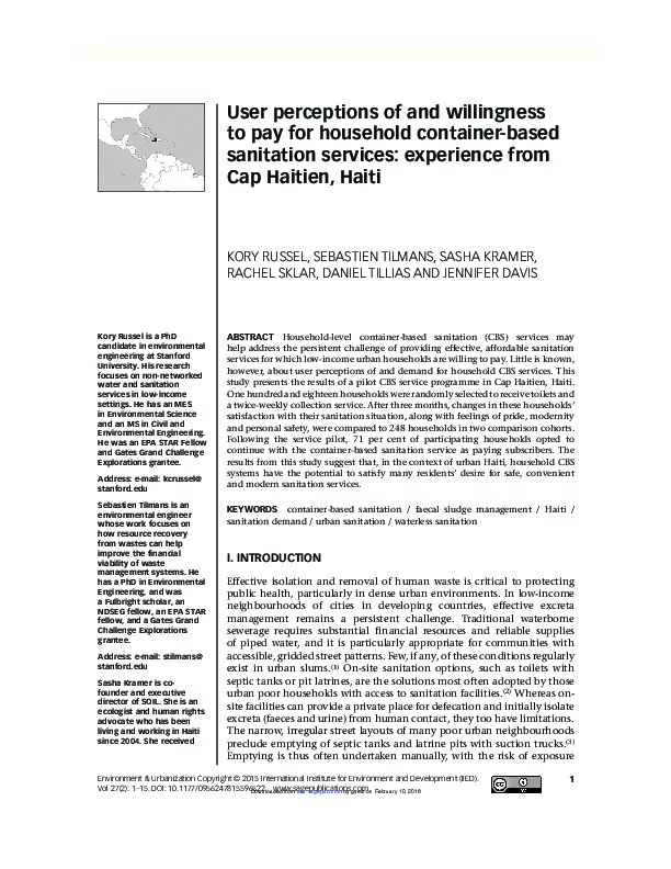 User perceptions of and willingness to pay for household container-based sanitation services