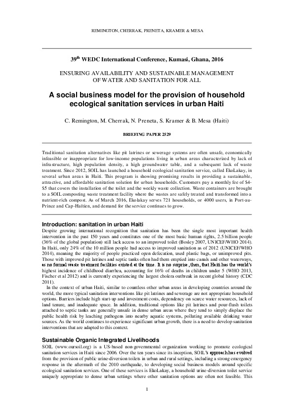 A social business model for the provision of household ecological sanitation services in urban Haiti