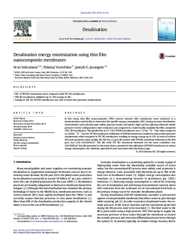 Energy Efficiency of NanoH2O membranes and Desalitec Technology for SWRO Desalination