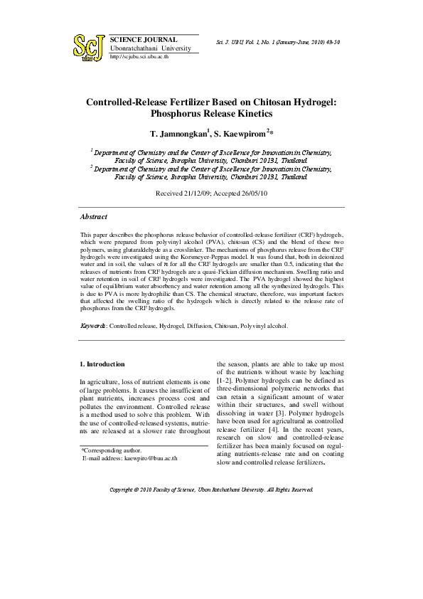 Controlled-Release Fertilizer Based on Chitosan Hydrogel: Phosphorus Release Kinetics