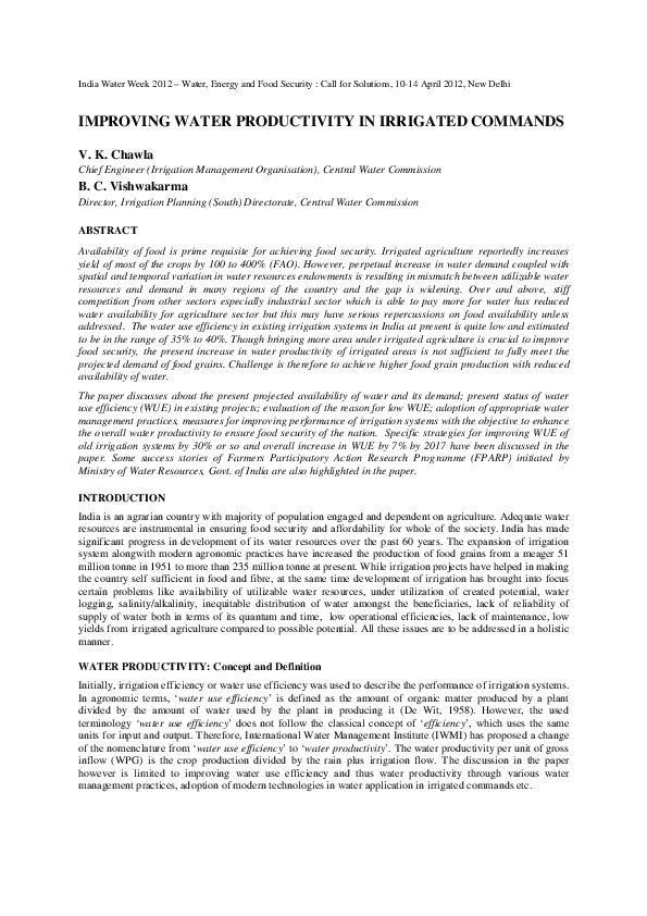 Improving Water Productivity in Irrigated Commands