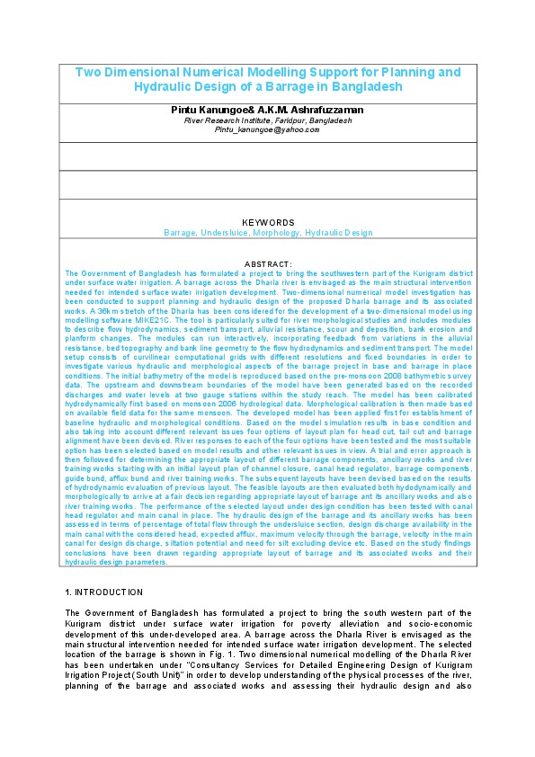 Two Dimensional Numerical Modelling Support for Planning and Hydraulic Design of a Barrage in Bangladesh