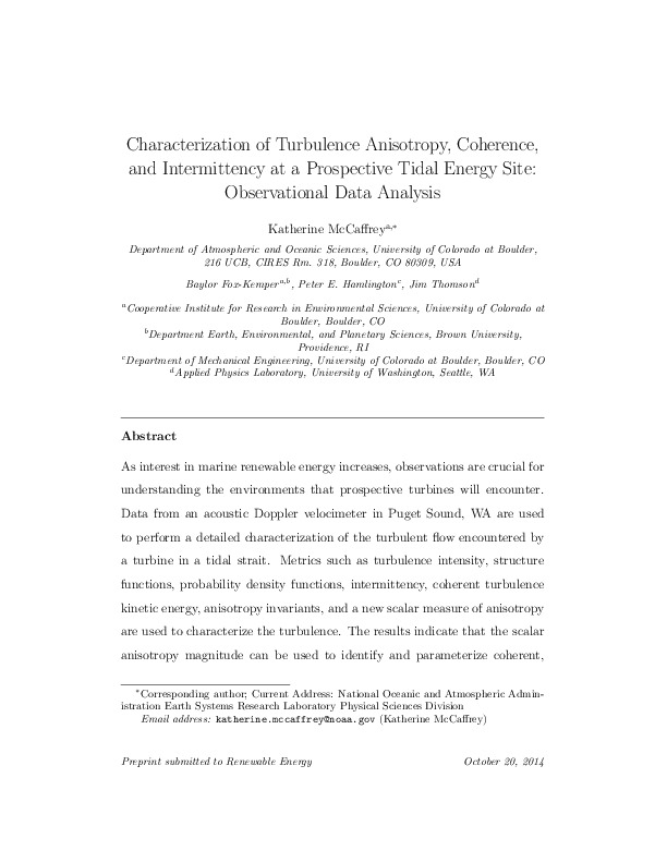 Characterization of Turbulence Anisotropy, Coherence, and Intermittency at a Prospective Tidal Energy Site: Observational Data Analysis - 2014