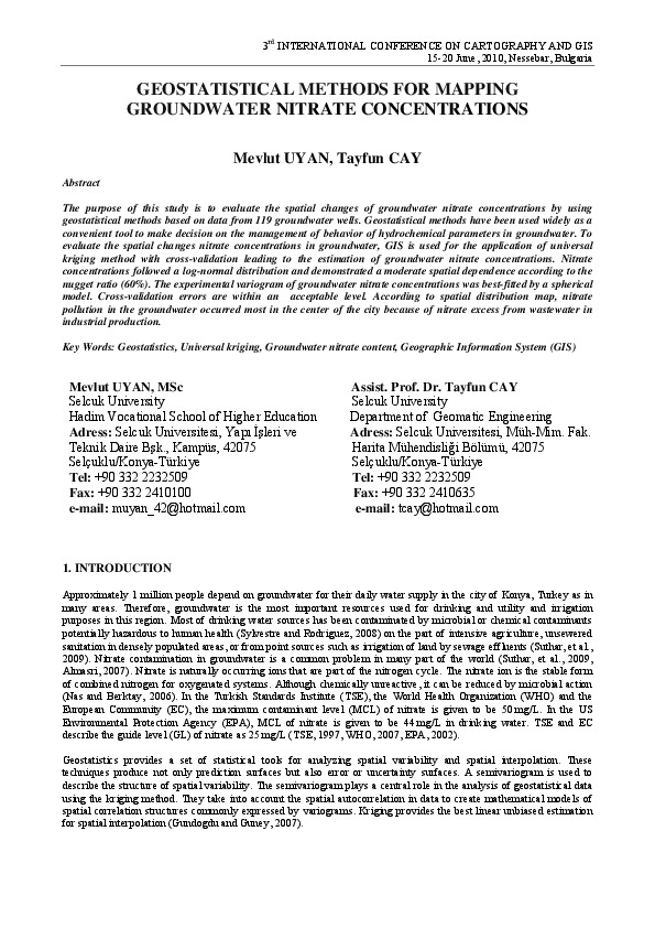 Geostatical Methods For Mapping Groundwater Nitrate Concentrations