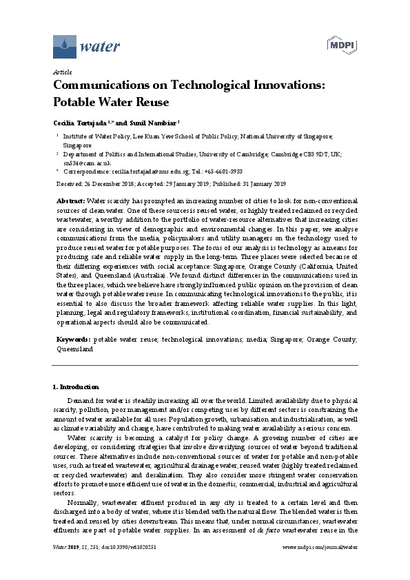 Communications on Technological Innovations: Potable Water Reuse