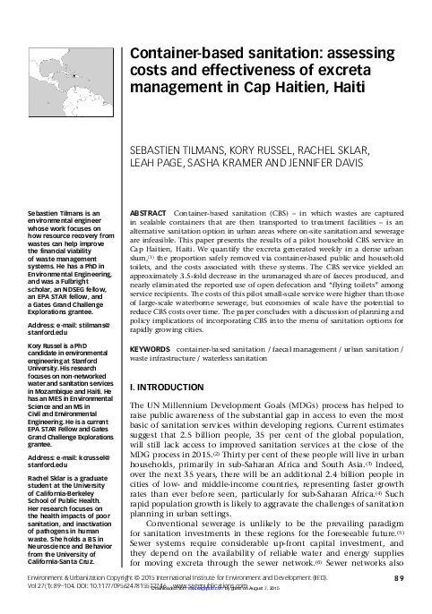 Container-based sanitation: assessing costs and effectiveness of excreta management in Cap Haitien