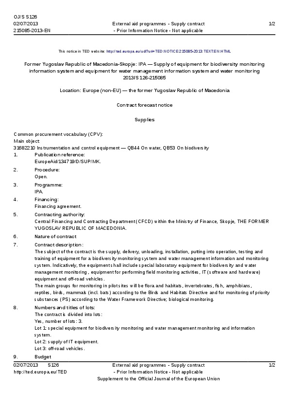 Forecast Tender Supply of equipment for biodiversity monitoring information system and equipment for water management information system and water monitoring, Macedonia