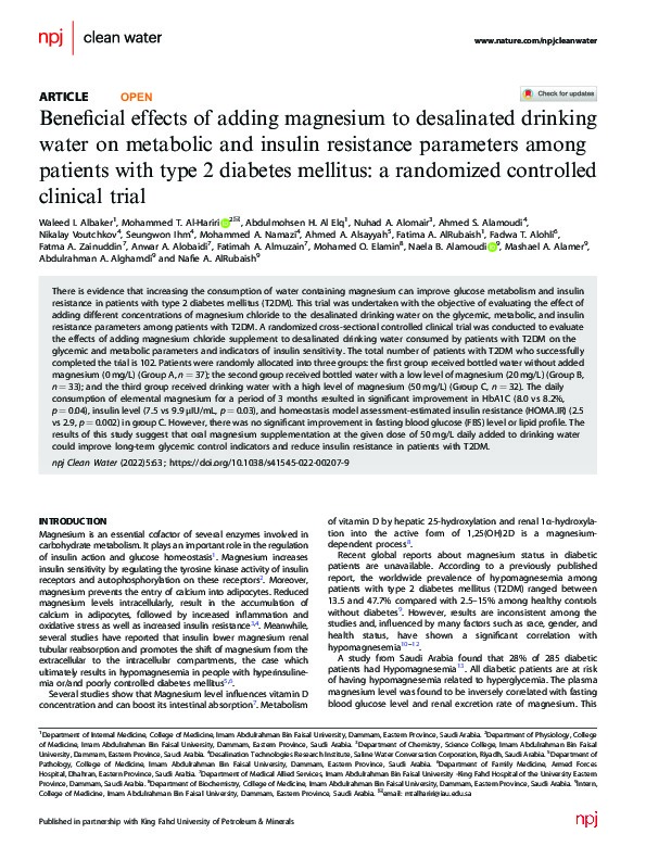 Beneficial effects of adding magnesium to desalinated drinking water