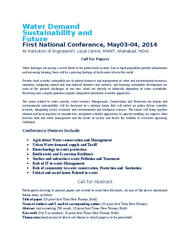 Call for papers Water Demand Sustainability and Future First National Conference, May03-04, 2014 At Institution of Engineers(I), Local Centre, M...