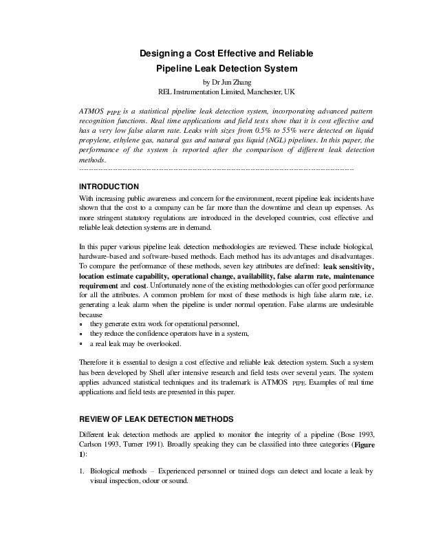 Designing a Cost Effective and Reliable Pipeline Leak Detection System