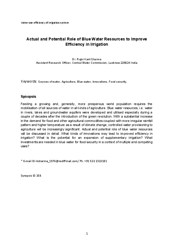 Actual and Potential Role of Blue Water Resources to Improve Efficiency in Irrigation