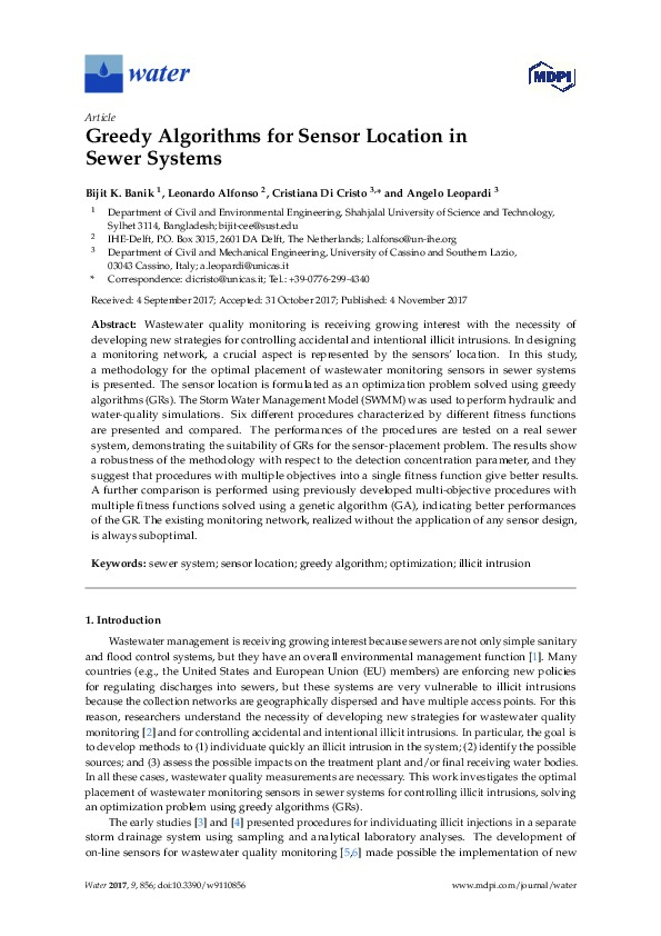 Greedy Algorithms for Sensor Location in Sewer Systems