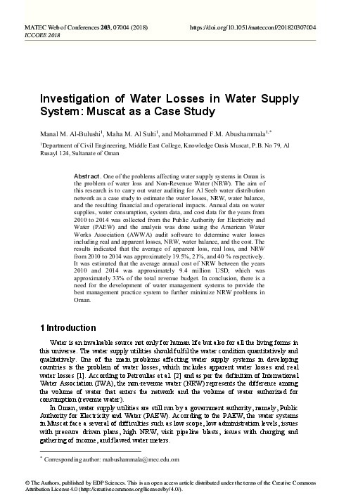 Investigation ​of Water Losses ​in Water Supply ​System - Muscat ​as a Case Study