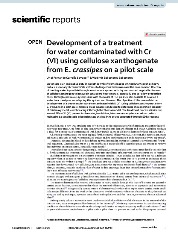 Development of a treatment for water contaminated with Cr (VI)