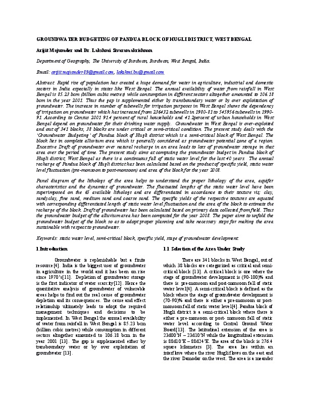 GROUNDWATER BUDGETING OF PANDUA BLOCK OF HUGLI DISTRICT, WEST BENGAL